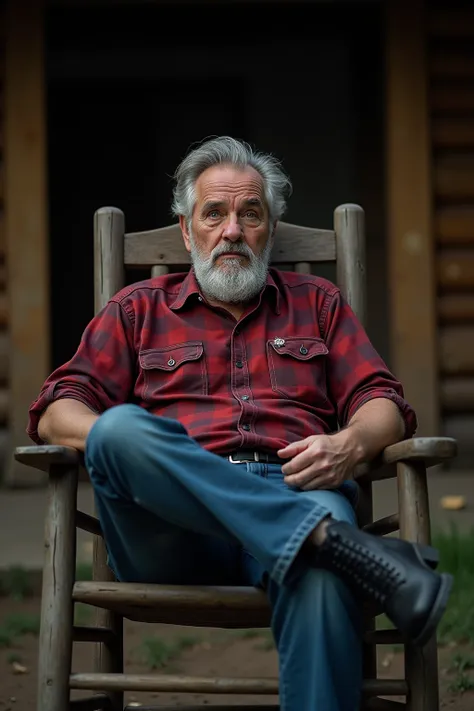 man, White, high resolution ,  masterpiece , CALVO,  gray hair , Barba, surprised, Serious, THOUGHTFUL, throw, looking at the camera, scar on the eye,  cinematic lighting ,  portrait photograph, red plaid shirt,  jeans,  black boots, cigar in mouth, sittin...