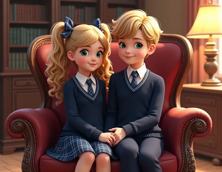  A highly detailed digital illustration of two young ren sitting together on a vintage leather armchair in a cozy and warmly lit room.  ren they are dressed in matching formal school uniforms ,  consisting of navy blue sweaters , white shirts with collar ,...