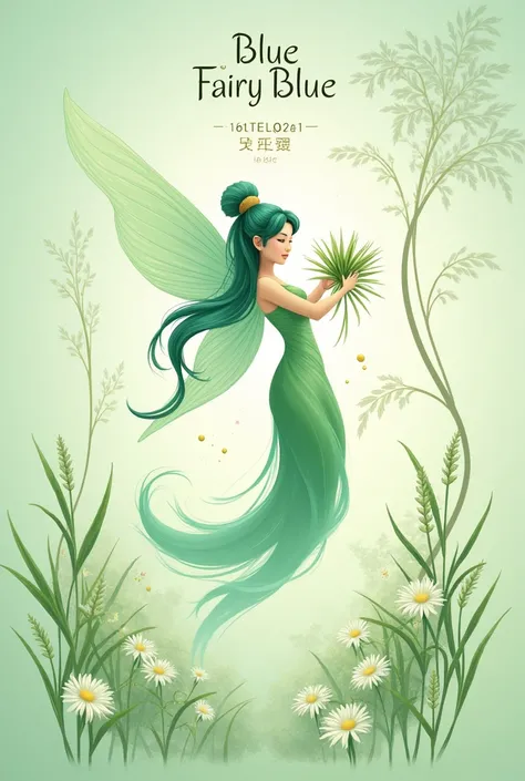  Create a label design for the traditional rice wine product Blue Fairy God .  The main background color of the label is a gentle green , elegant,  symbolizing the natural and fresh essence of the product .  The brand name Little Fairy Blue is displayed in...