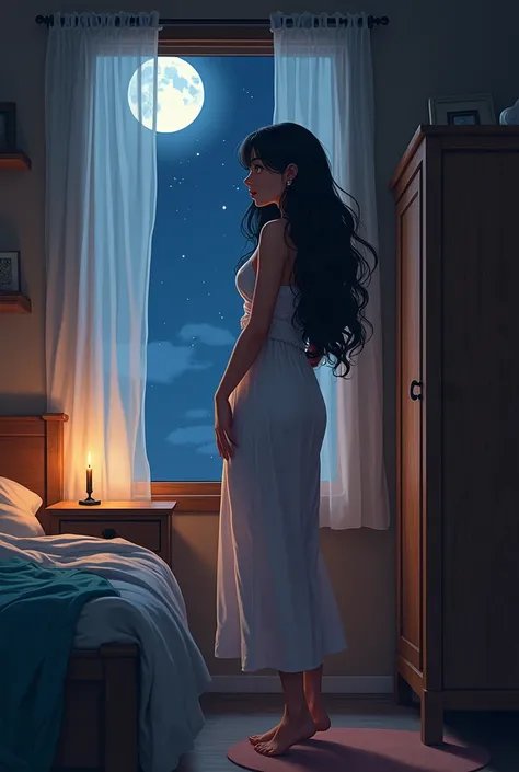 An anime-style depiction of a 23-year-old woman with long, flowing black hair and deep, warm brown skin, standing beside a cozy, modest bed. Her hair cascades in soft waves, glimmering faintly in the dim moonlight that streams through a small, partially op...