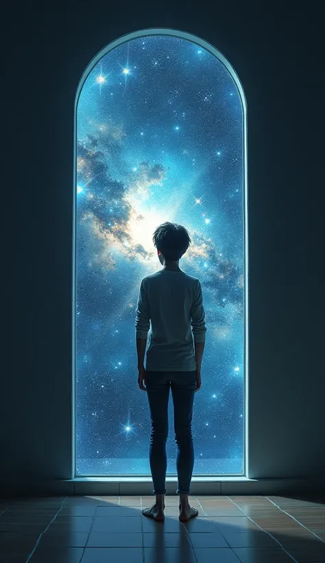 A person looking in the mirror ,  but the reflection reveals a landscape of stars and galaxies,  showing the connection with the inner universe 