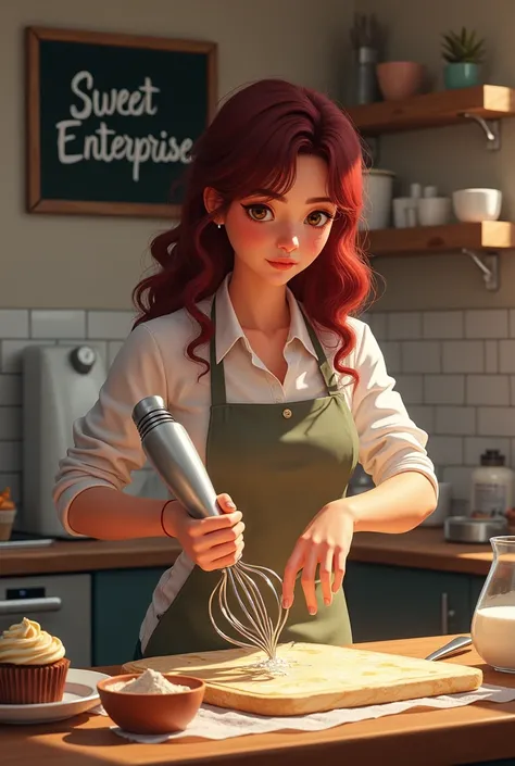 Believe me, a girl with fair skin, wavy burgundy hair, with an average height, brown eyes, making cakes with a hand mixer and who has a notice on the kitchen wall that says sweet enterprise 