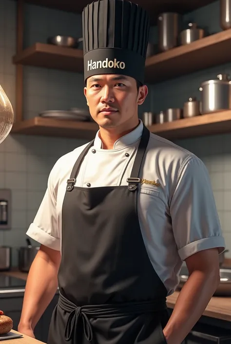 A chef with a kitchen baground in a black hat with Handokos name on his hat