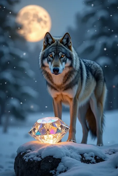 Create a mystical image of a powerful wolf standing beside a raw diamond crystal, exuding an air of mystery and strength.

Wolf:
The wolf is depicted with its sleek silver-gray fur glowing under the moonlight. Its sharp amber eyes reflect intelligence and ...