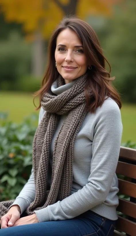 A 35-year-old woman sitting on a garden bench, wearing a turtleneck and scarf.