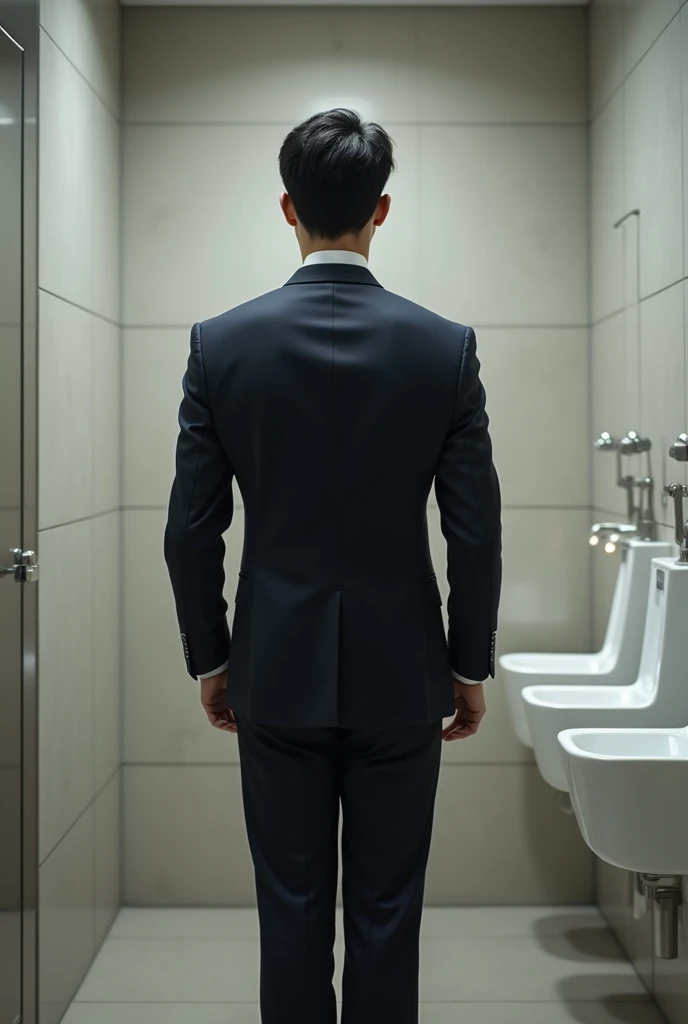 Handsome young Korean man in a suit pees in a mens bathroom urinal + Pee must come out