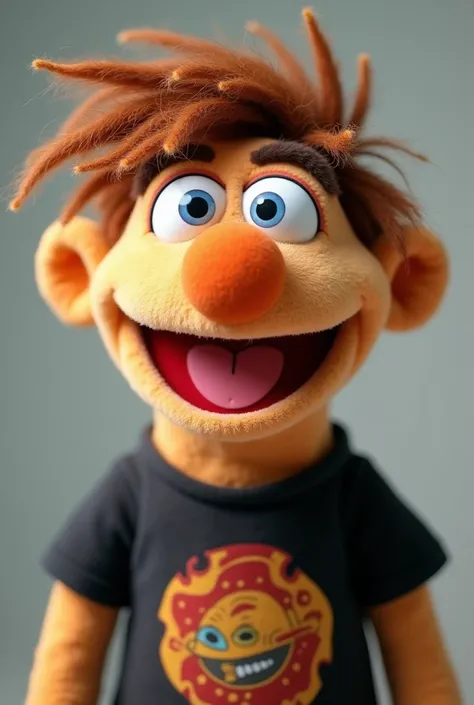 A male Muppet , oval face shape,  hair brown to nose  ,  big blue eyes,  black t-shirt with print, wide grin. light skin, blonde highlights 