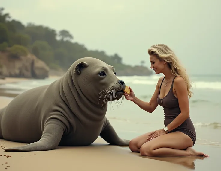 fat seal elephant with a human face lying on the sand looking at a cute older lady of 50 years old, with long blonde hair, dressed in an old bathing suit, who offers him a delicious cookie to feed him, the animals face must be human It must have a human sh...