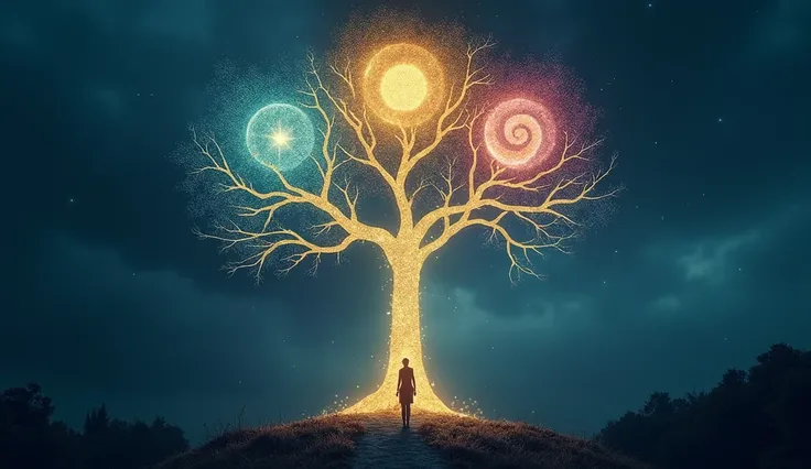 A surreal fantasy art depiction of a glowing tree with three radiant branches reaching upward into a dark sky. Each branch symbolizes a tool: one holds orbs of acceptance, another glows with spiraling energies of positivity, and the third shimmers with eth...