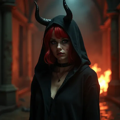 Create me a cinematic image of a woman wearing a hooded woman in a satanic church ,  doing a satanic ritual you can see the sign of the devil on the burning floor standing there is a woman with Faye features colored skin eyes demon mouth creepy,  on her fo...