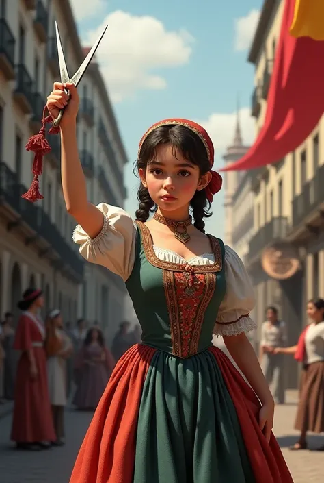 Imagen realista de Manuela Malasaña joven alzando sus tijeras con atuendos típicos de Madrid en 1808