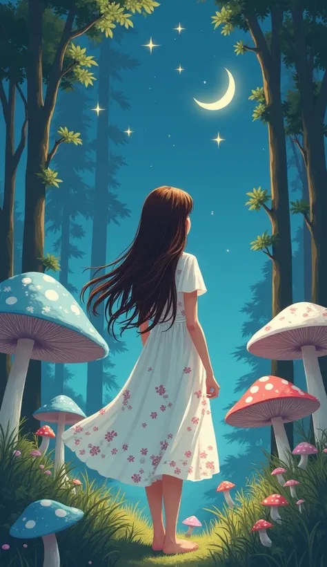 The image is a digital illustration of a young woman standing in the middle of a magical forest. She is wearing a white dress with intricate floral patterns and has long brown hair that is flowing in the wind. The woman is facing away from the camera, with...