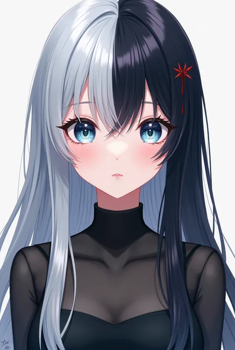 An anime girl with Half black half silver hair, blueish-gray eyes, and very fair skin