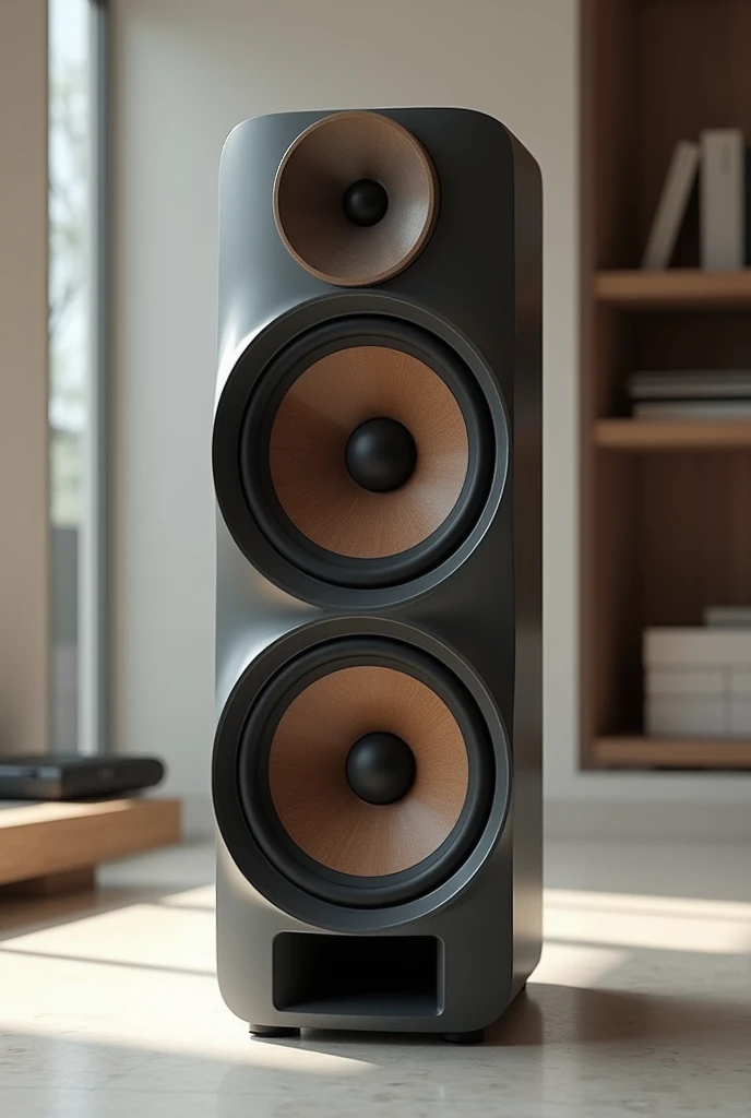 Futuristic speaker with two subwoofers and a tweeter in the wooden center 