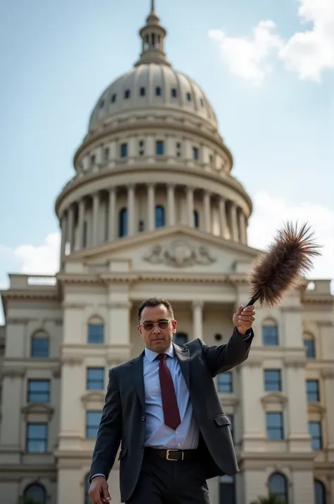 Photo of a man with a feather duster in front of the Texas State Capitol in Austin 