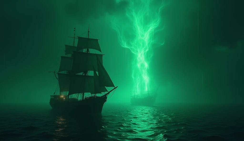 A ghostly scene in the middle of the ocean at night. The Mary Celeste is illuminated by mysterious, glowing green lights descending from the sky. The ocean is dark and reflective, and the ship appears abandoned, with tattered sails flapping in a ghostly br...