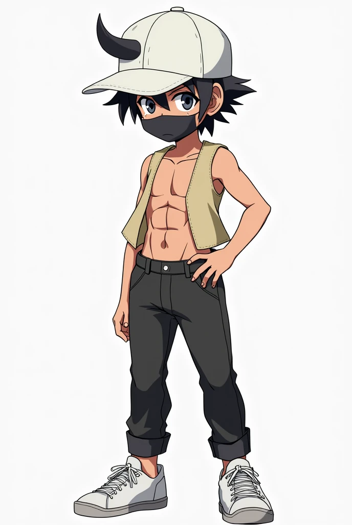 Create a : anime 
A white cap with a hair  "therefore" a bright white eye a black mask covering the nose and mouth "  a chest with a belly with a six-pack and a beige vest and black pants and white sneakers