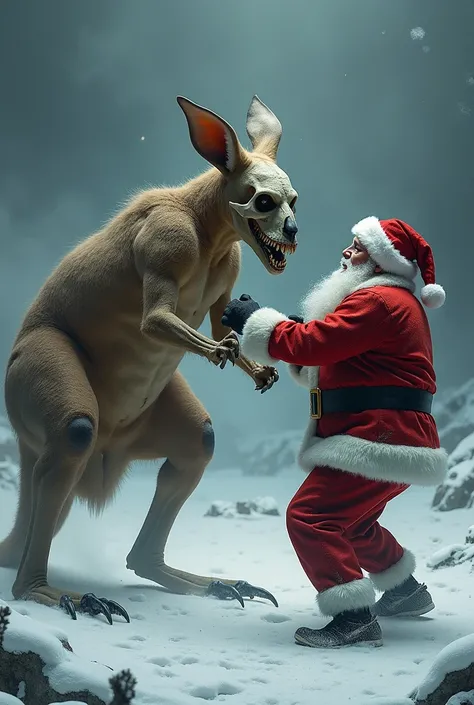 Generate a kangaroo half kangaroo half skull and a Santa Claus ready to fight