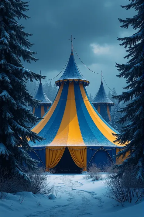  Large circus tent with four tips in blue yellow in winter forest landscape.   And fir trees in the back and foreground . Dark blue sky .