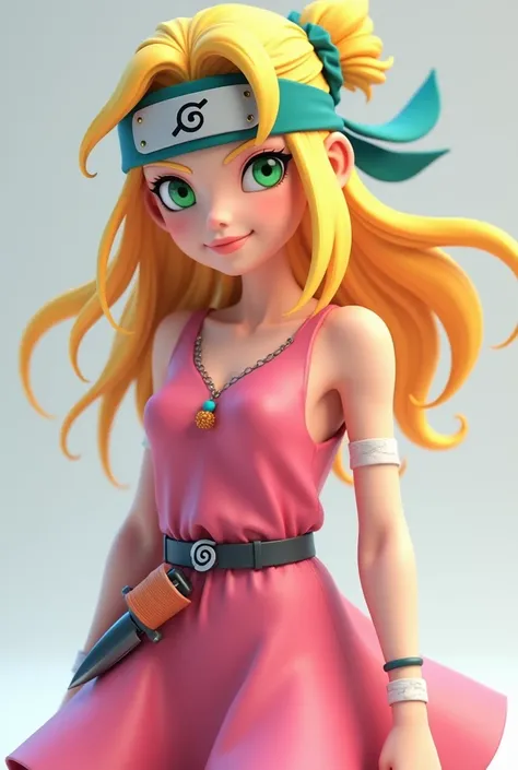 Anime Naruto 3d girl with usumaki headband she has blonde hair and green eyes she is wearing a pink dress with a belt she wears a bandage and a small knife she smiles