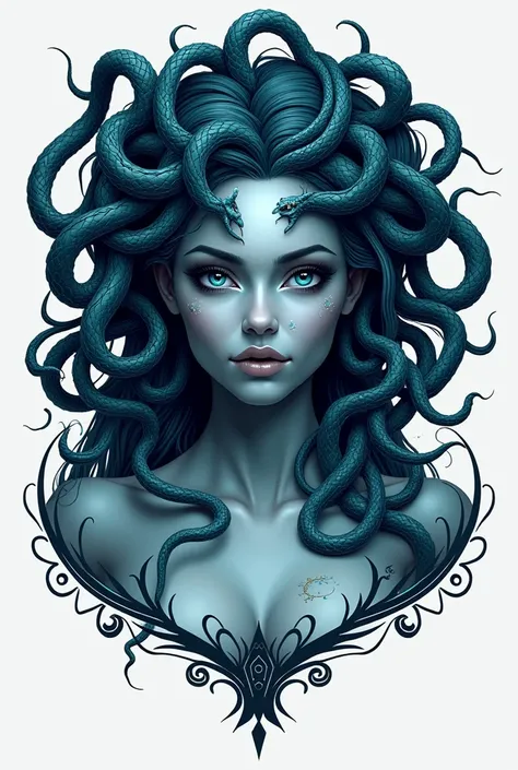 Create Medusa Project logo with tekst. Real beautiful woman medusa in blue and grey eye