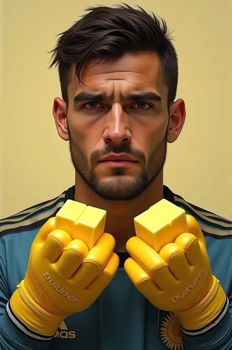 Create an image of Dibu Martinez and that instead of hands he has butter squares instead