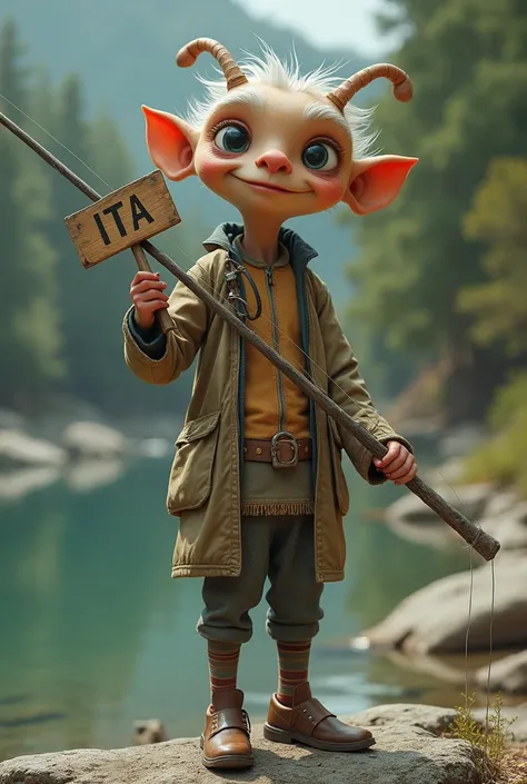 A Turk with a fishing rod with eyes and a sign writes Ita