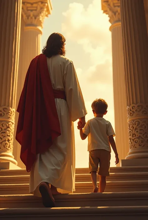 jesus walking up the stairs with a boy but jesus is turned away