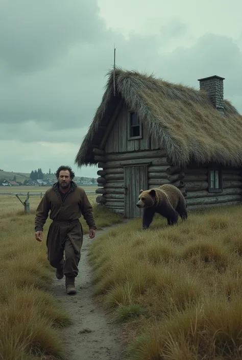 : "A frightened villager spots the bears near the man’s cabin and runs back to the village. The sky is overcast, and the village in the distance looks small and isolated. The villager is dressed in simple clothing, with a worried expression on his face."