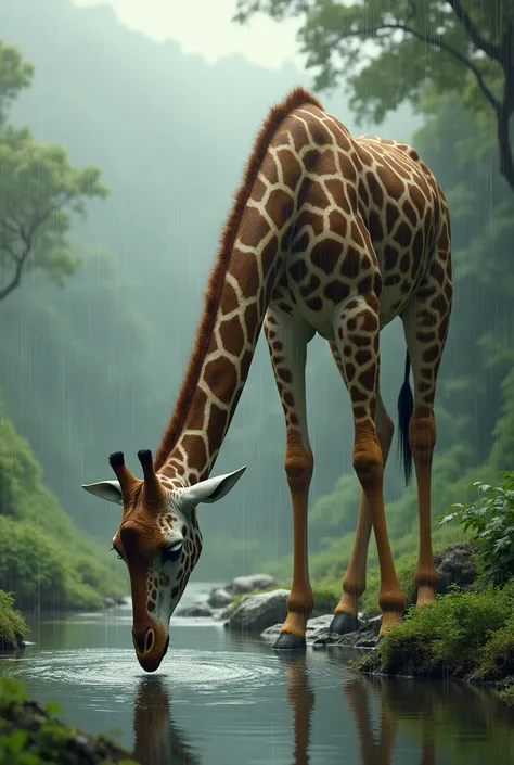 Giraffe drinking water standing in the rain

