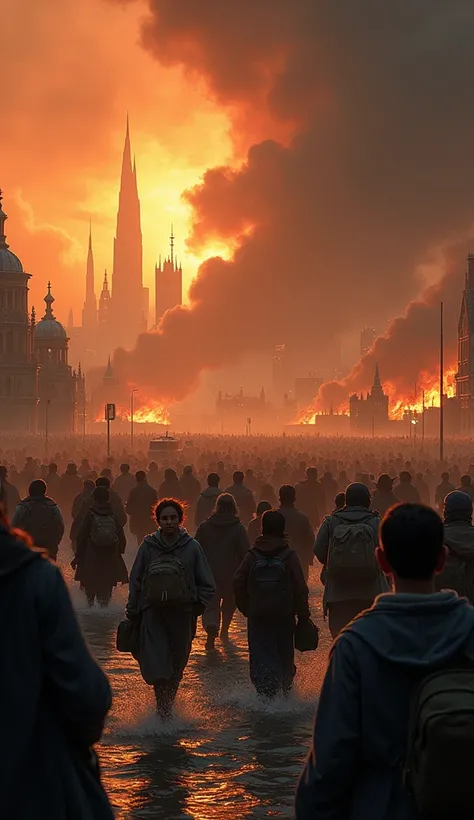 5. Crowds Fleeing: Families carrying belongings, crossing the River Thames, with the burning cityscape in the background.
