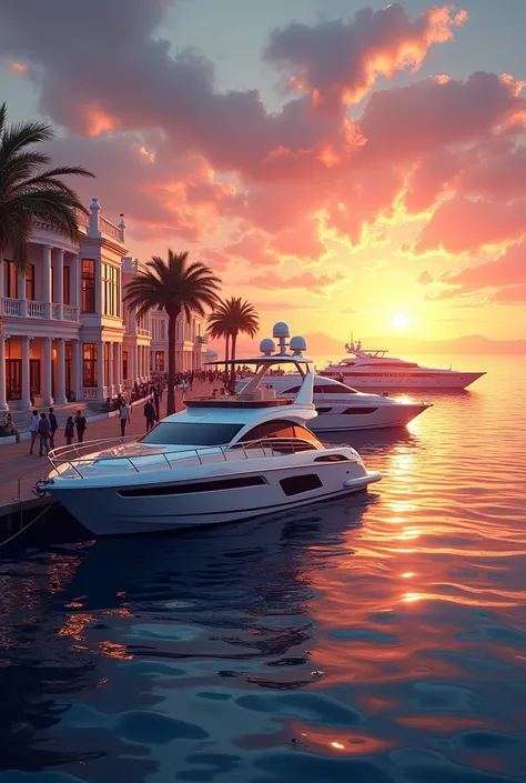 create an image about the yacht club, sea, Port, Yachts, Sunset background 