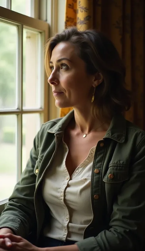 A 38-year-old woman sitting by a sunlit window, dressed in a buttoned-up jacket.