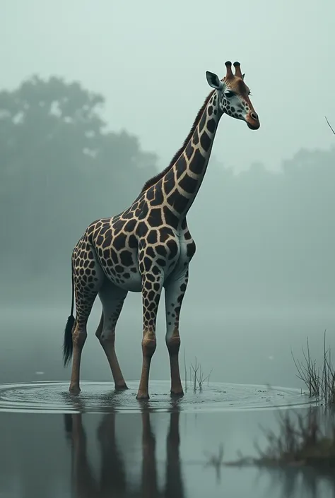 During the flood the giraffe drinking water while standing 


