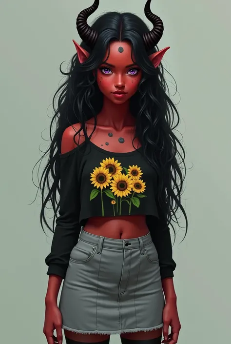  a girl with a dark red skin tone and with some gray birthmarks on her navel and back she has long, curly black hair down to the end of her back and small horns, Her eyes are a vibrant purple color and she wears a cold black blouse with sunflowers on it an...