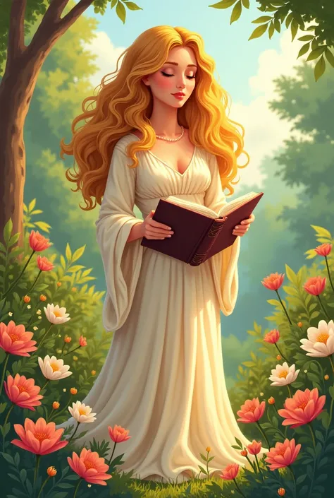 Negative _&_Positive_Embeddings_By_stable_Yogi , of a woman with golden curly hair,wearing a beautiful dress in a state of peace with a book in her hands. cartoon in a garden surrounded by flowers praying 
