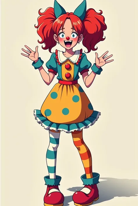 Anime-style image of a diaphrased teenage woman as a funny clown with red hair ( full body )