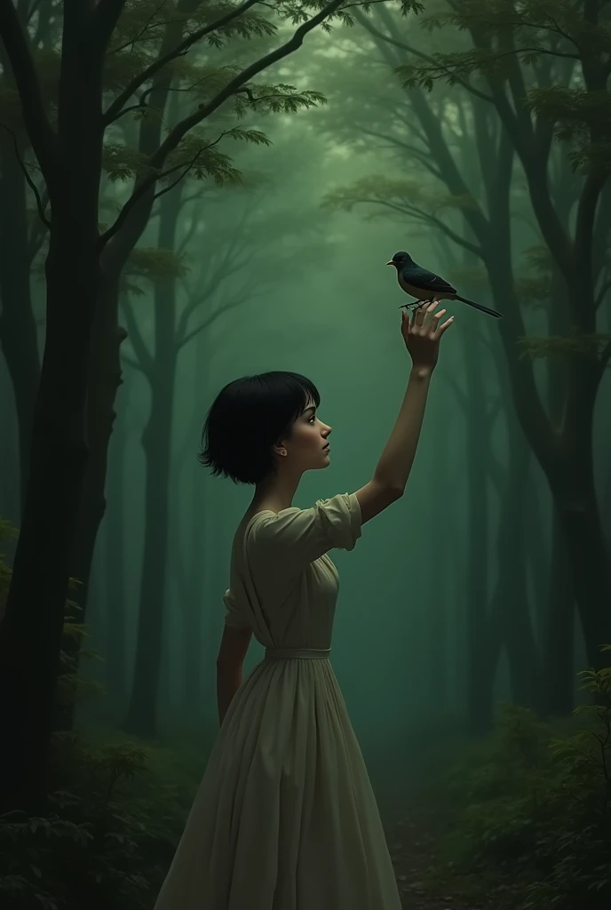  20-year-old , white skin,  slender figure with short black hair up to the height of her neck ,  dressed as Disneys Snow White ,  walks through a dark green forest with a dark green look ,  her right hand is raised to a small bird perched on a branch, pict...