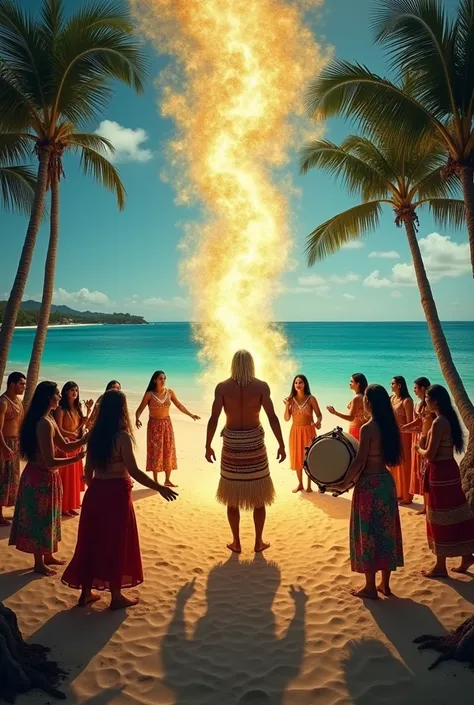  The scene shows a traditional Garífuna ceremony on a picturesque beach ,  surrounded by palm trees and the deep blue sea .  In the foreground figures dance in colorful , Folkloric robes ,  as they beat rhythmic drums .  Magical energy in the form of golde...