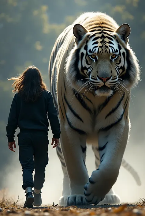 A man with long hair and no bangs dressed in black casual walks with a huge black and white angora tiger that is huge rakwalking together 