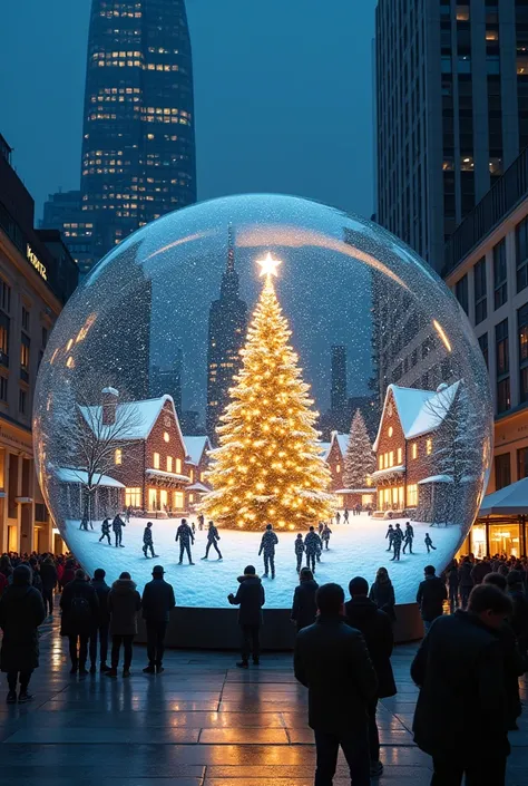 "A massive, house-sized Christmas glass sphere placed in the center of a modern city square at night. The transparent sphere reveals a magical winter wonderland inside: a snow-covered village with twinkling lights, a grand Christmas tree glowing in the cen...