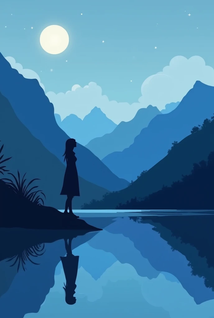 Create a minimalist digital artwork featuring a serene valley landscape at the night t, girl looks at the moon. Focus on clean, simple shapes to depict the mountains, using soft gradient colors in shades of blue, blue, and black to capture the light of the...