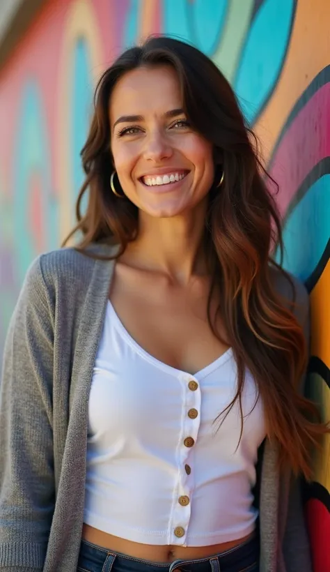 A 35-year-old woman smiling near a vibrant mural, wearing a buttoned-up cardigan.