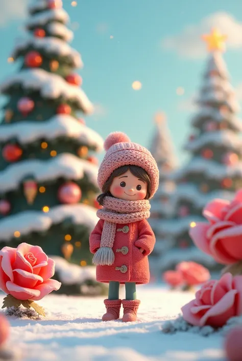  Image of a woman wearing a hat for the cold, snow,  Christmas tree , 3D cartoon roses  