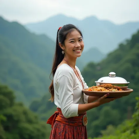 A beautiful rural Thai woman from Northern Thailand with fair skin and long hair tied into a ponytail. She is wearing casual traditional Northern Thai clothing, exuding a cheerful and playful demeanor. She holds a tray of food with a covered lid in one han...