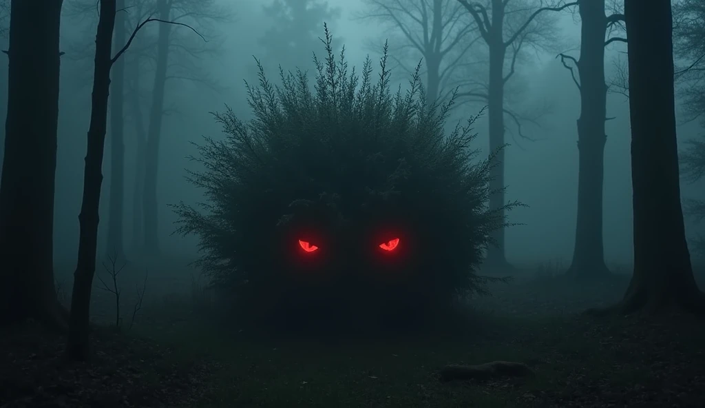 A captivating cinematic image of a dense, foggy forest, where an eerie bush hides a menacing stare. Lurking within the foliage are two glowing red eyes, exuding an unsettling and unnatural hatred. The overall atmosphere is tense and mysterious, with a sens...