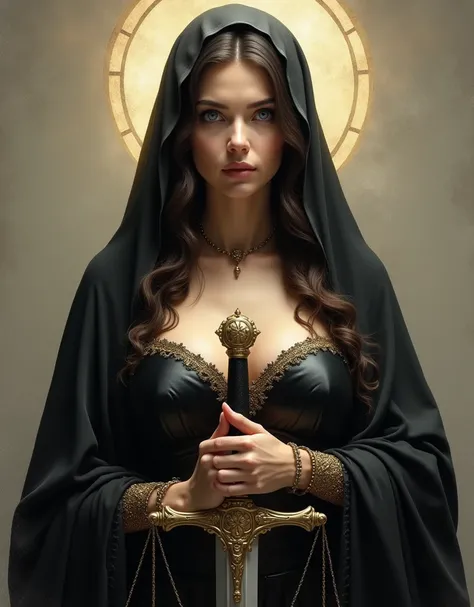  Holy Virgin with black veil and gold details,  big breasts, holding a sword of justice 