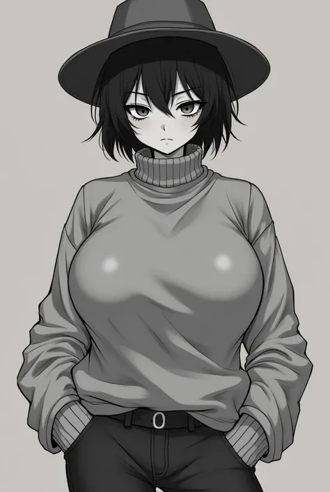 Manga style, Grey theme, Cute Girl, Short hair, Big sweater turtleneck, (Large breast: Bigger than torso), Thin waist, Fabric stretching and folds, Tomboy, Wearing Hat, Front view, Girl looking down at camera below her, Her breast blocking a bit of her fac...