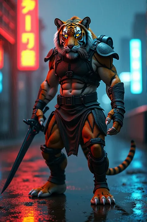 A fierce humanoid tiger with glowing amber eyes and intricate striped fur, standing in the rain on a dimly lit urban rooftop. The figure is dressed in ragged combat gear, holding a futuristic sword. Neon lights reflect off puddles on the ground, adding dyn...