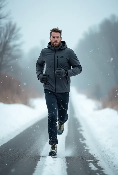 man running in winter on the road